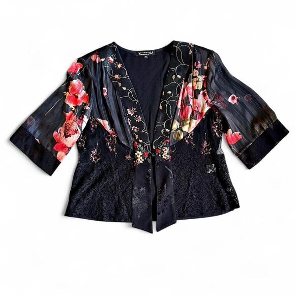 Studio VK Floral Embroidered Lace Kimono Jacket Black Sheer Sleeves PL - Picture 4 of 8